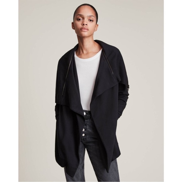 All Saints Dahlia Sweat Jacket Black Jersey Cardigan Zipped Drape Collar Medium - Picture 1 of 1